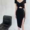 Sexy Pure Desire Style Design Sense Spice Girl Royal Sister Black Short Sleeve Waist Temperament Split Fork Slim Hip Wrap Dress Women