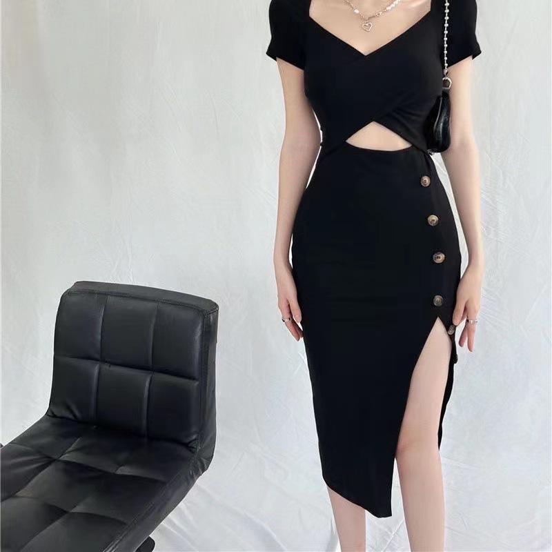 Sexy Pure Desire Style Design Sense Spice Girl Royal Sister Black Short Sleeve Waist Temperament Split Fork Slim Hip Wrap Dress Women