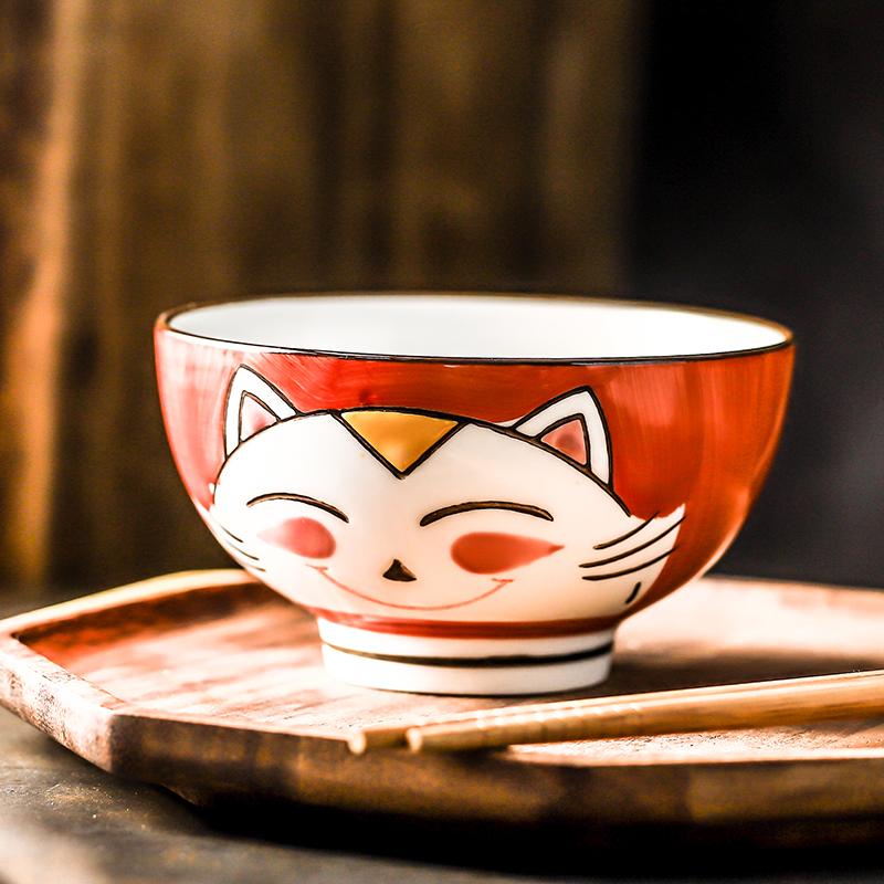 Set of 2pcs Cartoon Cat Bowl Ceramic Rice Bowl Cute Kitten Design Salad Bowl Maneki Neko Gift Household Dinnerware 4.5 Inch