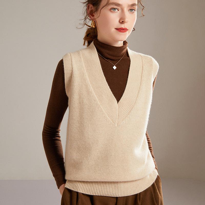 Lekasha Women's 100% Pure Cashmere V-Neck Knitted Vest Cardigan