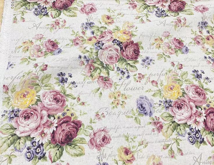 Retro Rose Printed Cotton Linen Fabric for DIY Patchwork