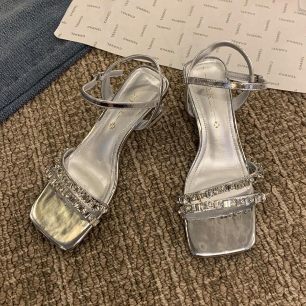 High Heels Sandals Womens Rhinestone Straight Strap Transparent Sandals Women Crystal Heels Chubby Feet Plus Size Women's Shoes