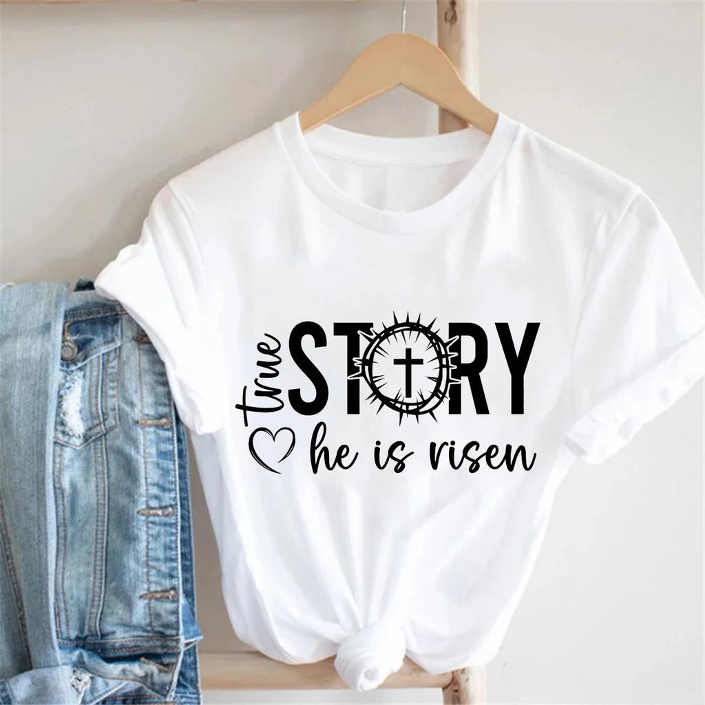 True Story He Is Risen Jesus Letter Printed T Shirt Unisex Summer Fashion Short Sleeve Tshirt Femme Whitepink Casual Tshirt