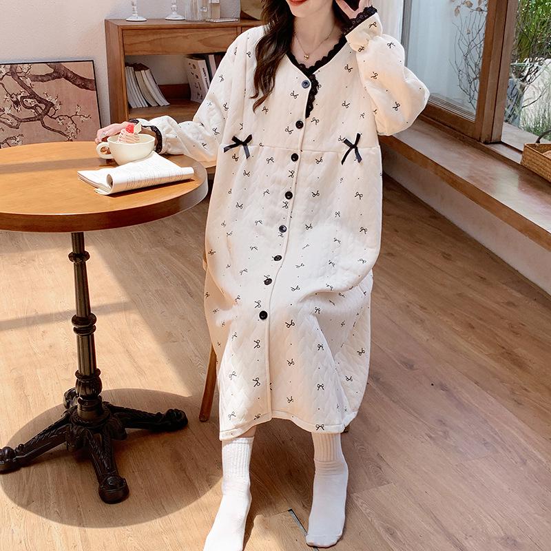 New Style Air Cotton Maternity Nursing Nightdress – Long Sleeve, Suitable for Autumn/Winter, Perfect for Postpartum/Breastfeeding