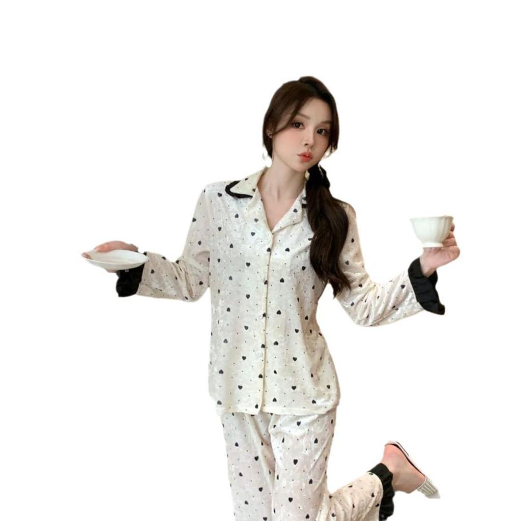 Gold Velvet Long-Sleeve Women's Cardigan Pajamas - Sweet & Cute Autumn/Winter Fashion