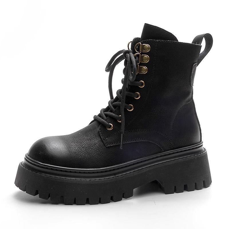 Thick-Soled 2024 Autumn/Winter Women's British Style Versatile Velvet-Lined Flat Motorcycle Boots