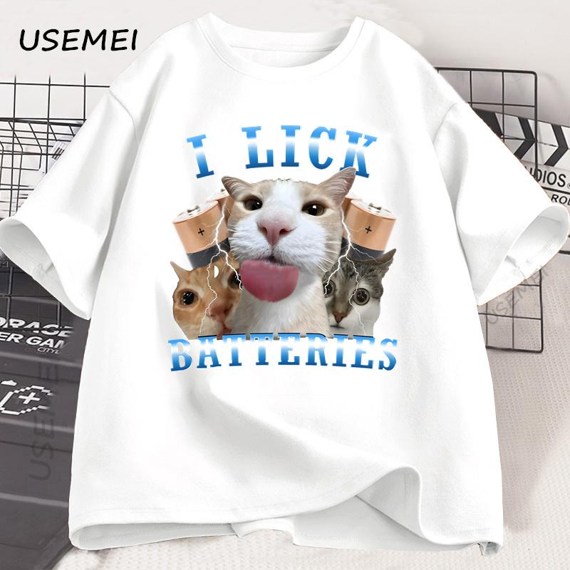 Ich lecke Batterien Lustige Katze Grafik T-Shirts Baumwolle Kurzarm O-Ausschnitt T-Shirt Lässig Mode Herren T-Shirt Kurzarm Sommer