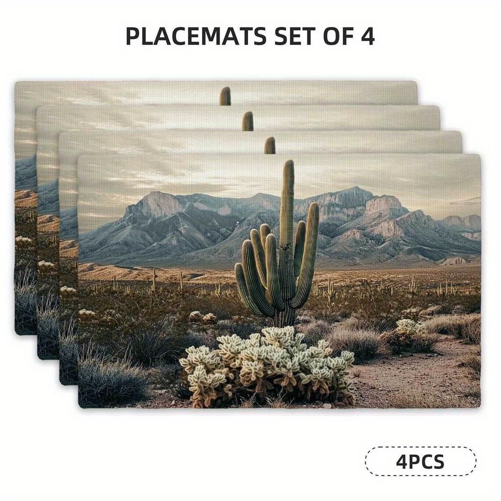 4pcs Cactus Mountain Wilderness Theme Placemats, Rectangular Kitchen Table Mats (12" X 18"), Perfect for Holiday Gatherings, Bir