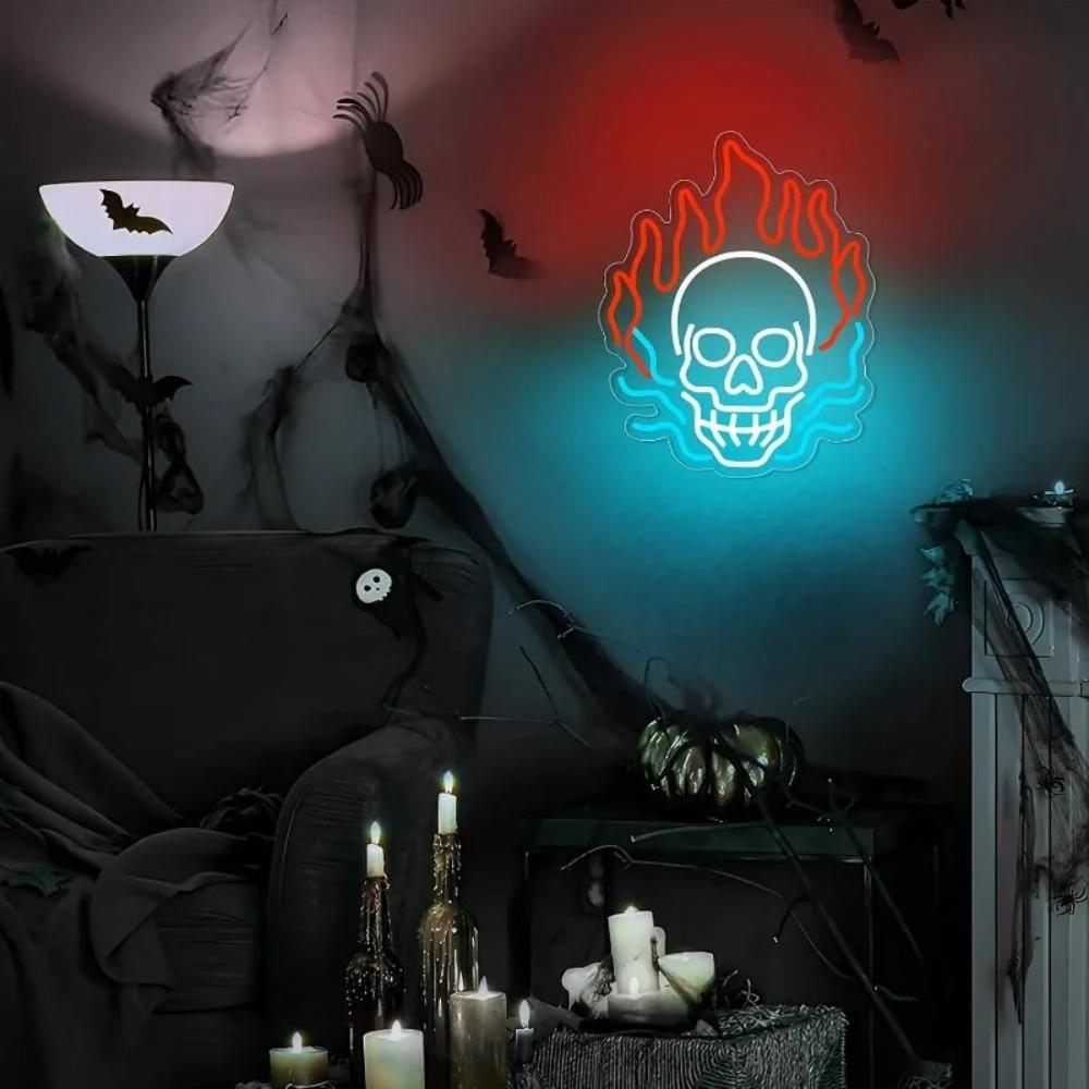 Skull Fire Neon Walls Decorated with Dimmable Halloween LED,USB-powered Men Cave Bar Club Game Room Halloween Party Decorations