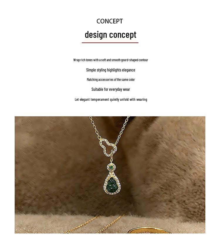 Chinese-Style Emerald Gourd Pendant with Imitation Gold and Diamante Inlay Clavicle Chain for Women