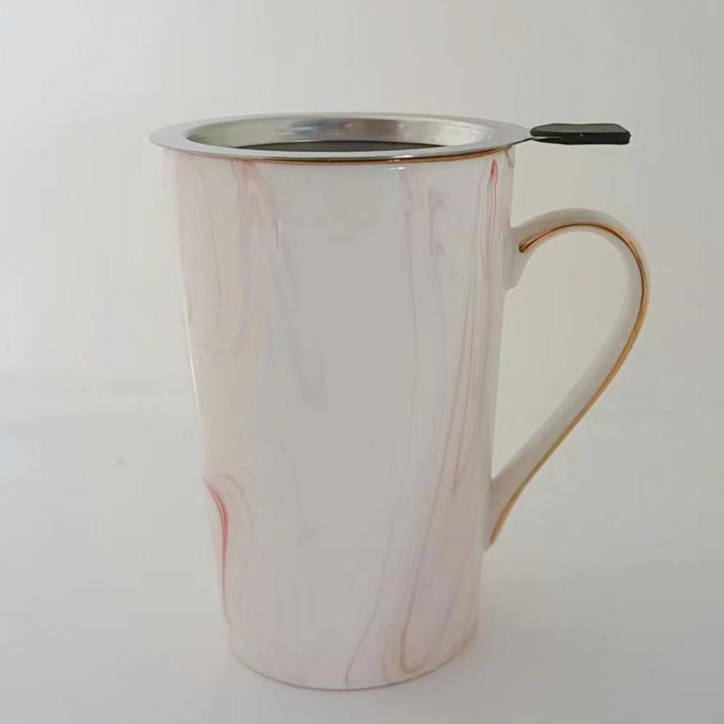 Marble Mug with Lid Coffee Spoon and Filter 12OZ Ceramic Cup for Cafe or Tea Choice Stainless Steel Strainer for Tea or Coffee