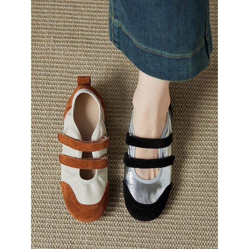 Sheepskin version retro style color matching casual round head light mouth Mary Jane shoes women's commuter flat shoes