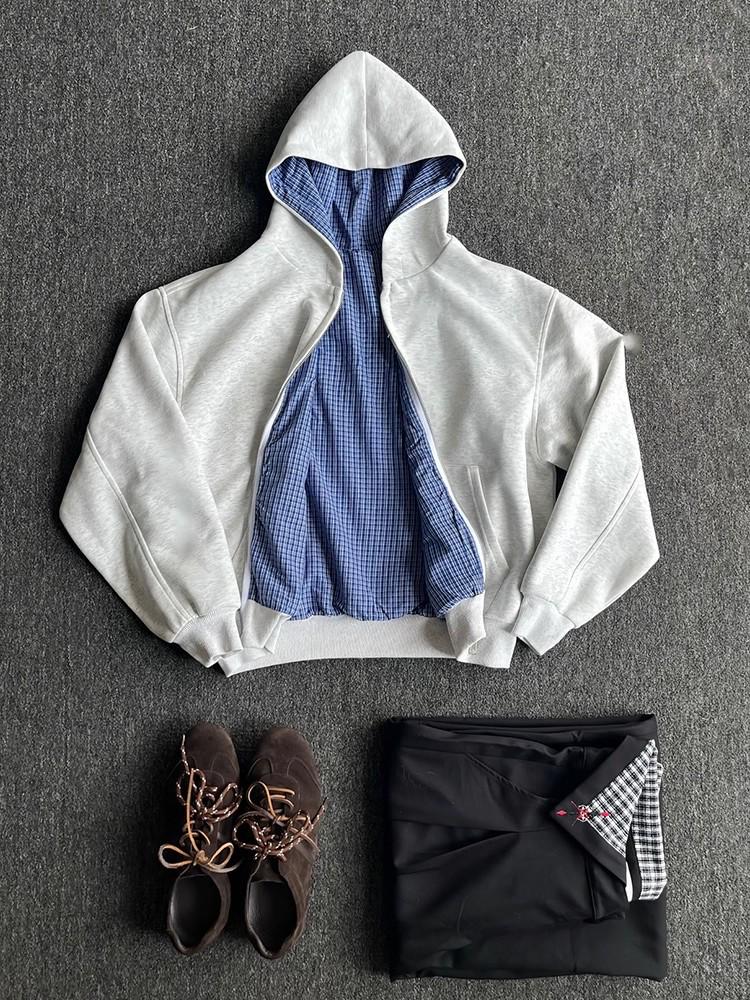 2026 New Men's American Plaid Zipper Hoodie Cardigan Jacket - Cleanfit Vibe Short Wide Design