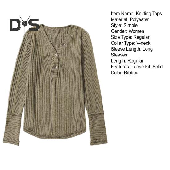 Women Autumn Tops Long Sleeve V-Neck Knitting Tops Solid Color Ribbed Casual Knitting Shirt Daily Wear