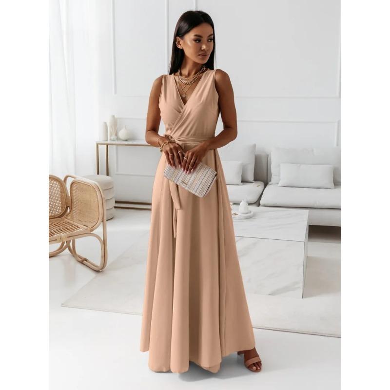 JPNTKY Fashion Summer Spring Solid Color Print Sleeveless V-Neck Casual Dresses
