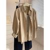 Damen Leichte Khaki Corduroy Locker geschnittenes Hemd Revers Langarm Oversize Freizeitblusen
