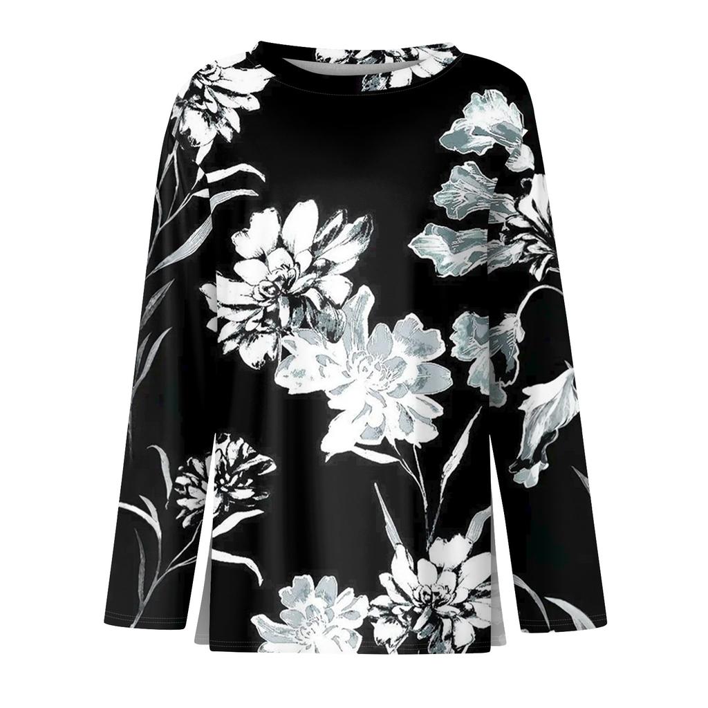 Mote dame casual splittkant rund hals langermet løs trykket t-skjorte dametopp