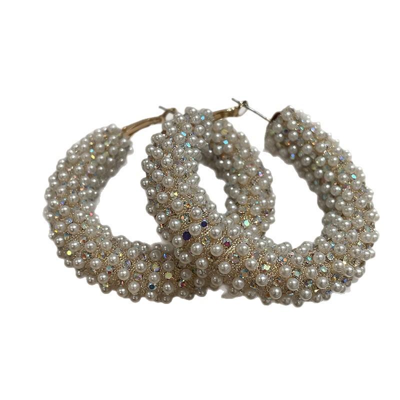 Light Luxury, Exaggerated Rice Beads, Exquisite Shiny Pearls, Exaggerated Large Hoop Earrings, Versatile Women's Earrings