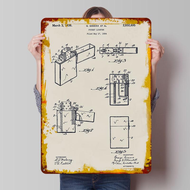 

Lighter Patent Drawing Printed Poster Customized Wall Art Retro Vintage Metal Tin Signs for Man Cave Living Room Decorations 7.9x11.8In(20x30cm)
