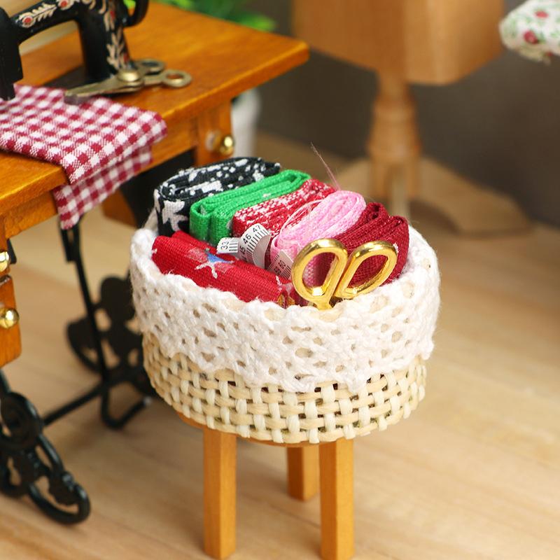 1/12 Dollhouse Miniature Accessories Mini Sewing Tools Basket Simulation Scissors Cloth Ruler For Miniature Scene Decoration
