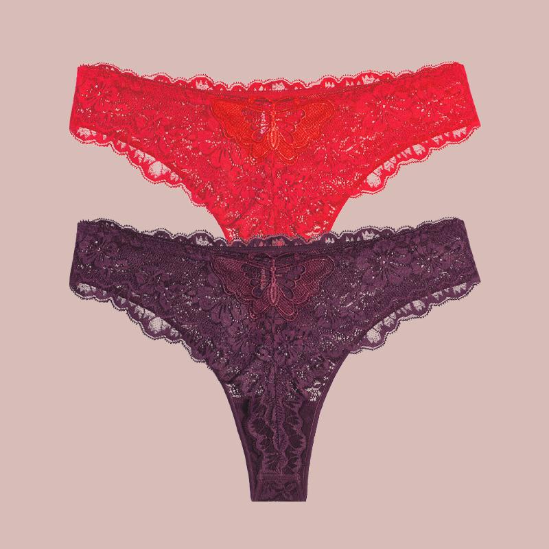 2Pcs Lace Butterfly Print Women's Underwear Sexy Hollow Out Thongs Trendy Breathable Panties Lady Perspective G-String Lingerie
