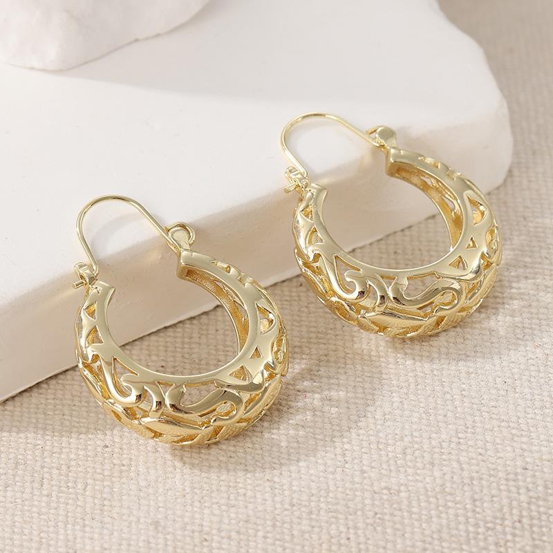 Elegant  Hollowed Hand Carved Hoop Earrings for Women's Vintage Golden Plated Festival Vacation Jewelry Accessories Gifts