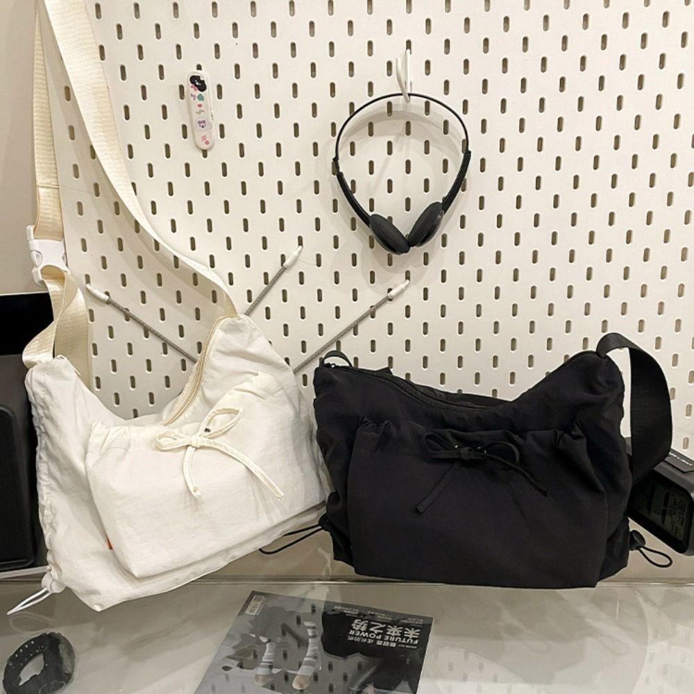 Korean Style Bow Crossbody Bag Pleated Drawstring Bag Cute Nylon Shoulder Bag  Travel