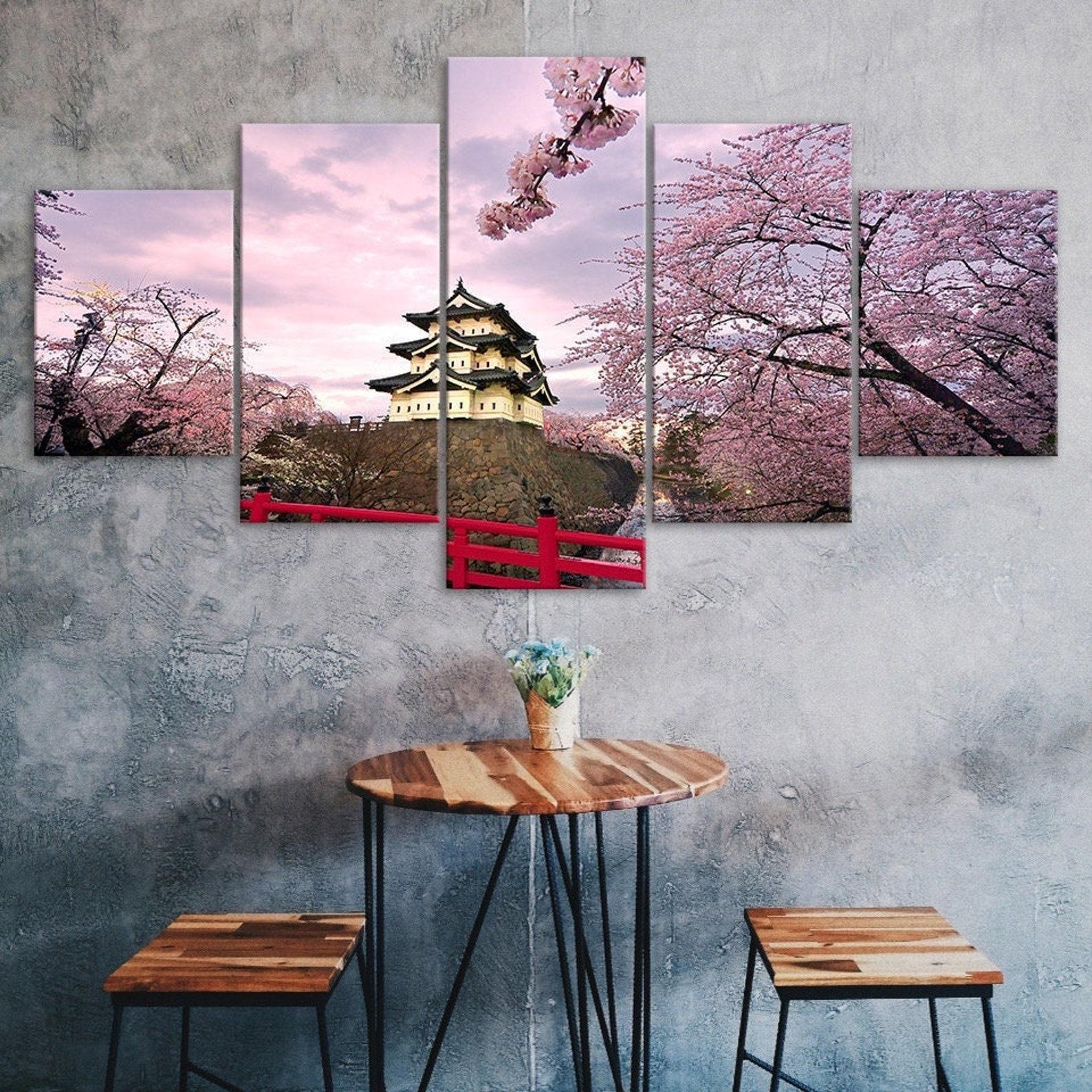 

Japan Hirosaki Castle Cherry Blossom 5 Piece Five Panel Wall Canvas Print Modern Art Poster Picture Home Decor Gift For Him For Her 20X35 20X45 20X55CM