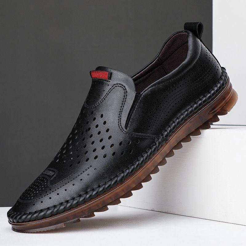 Summer Men's Sandals Hollow Hole Mesh Breathable Work One Pedal No Shoelaces Business Work Casual Leather Shoes Mens Shoes