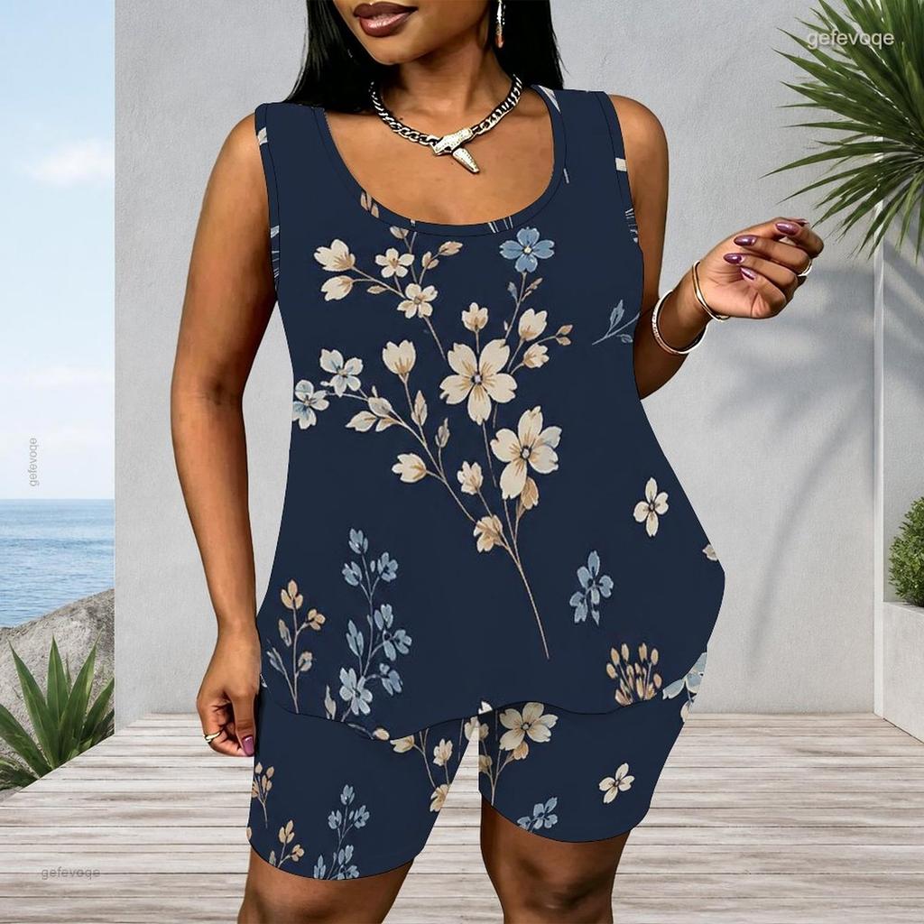 Women Plus Size Navy Blue Floral Printed Scoop Neck Sleeveless Tank Top And Shorts Two Piece Set