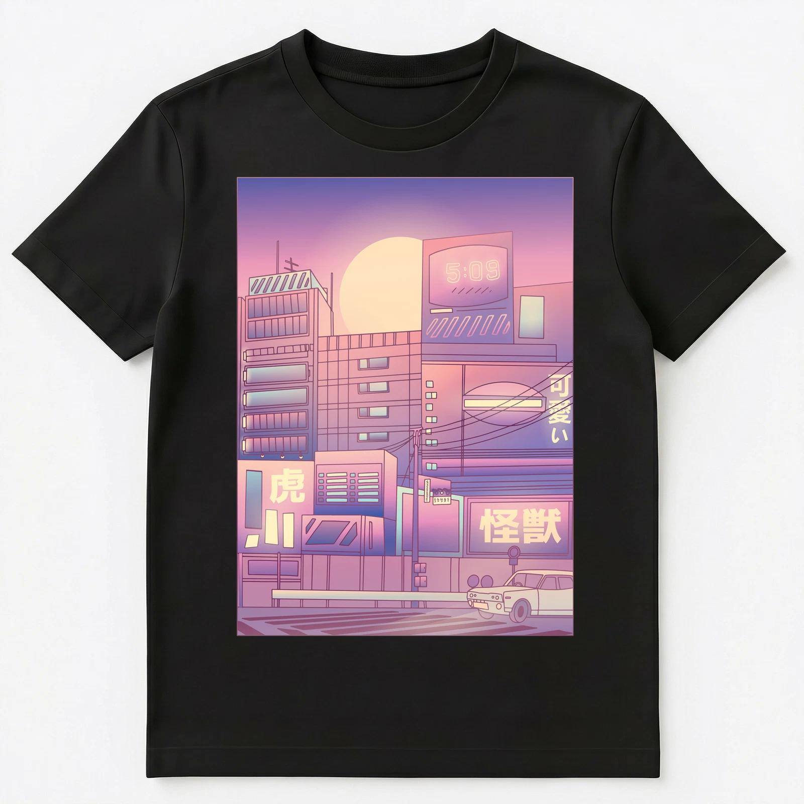 Pink And Purple Japanese City Landscape Vaporwave Unisex T-Shirt L