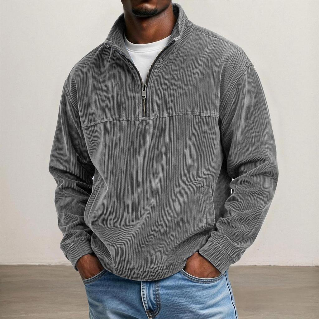 Men's Corduroy Zip-Up Sweatshirt Long Sleeve Casual Top with Pockets for Everyday Wear