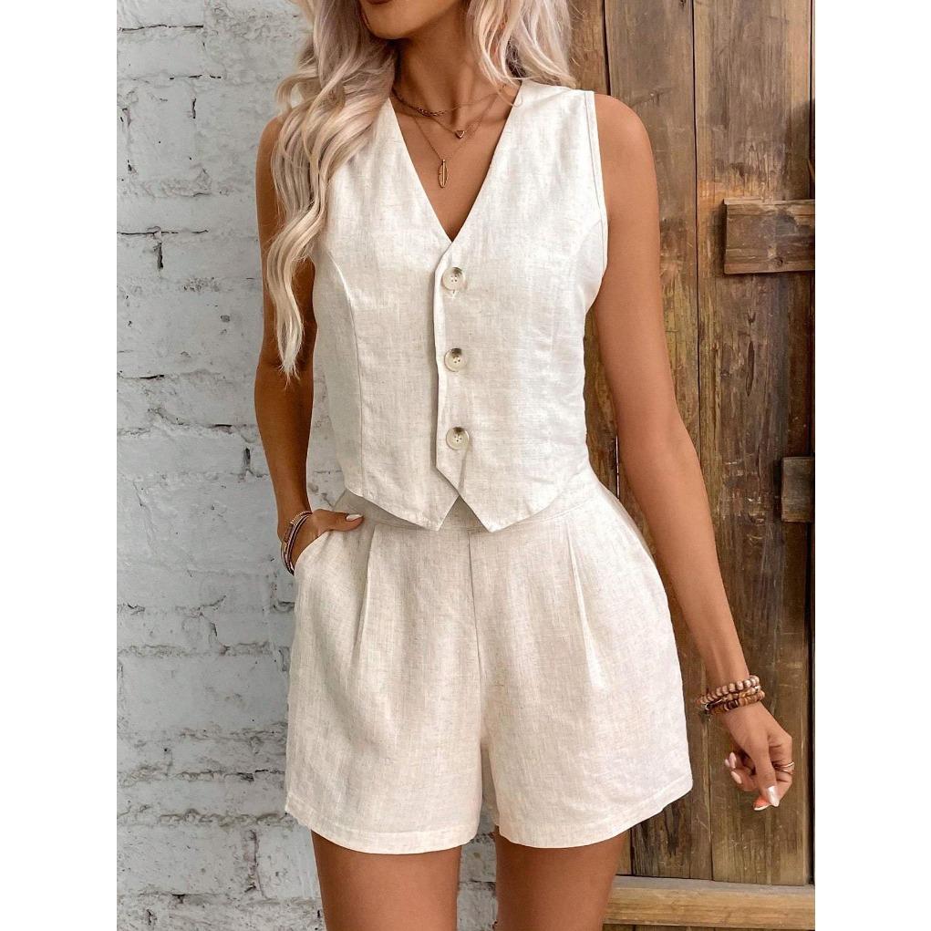 women s Linen Blend 2 Piece Outfit V Neck Button Down Vest and High Waist Shorts Set S