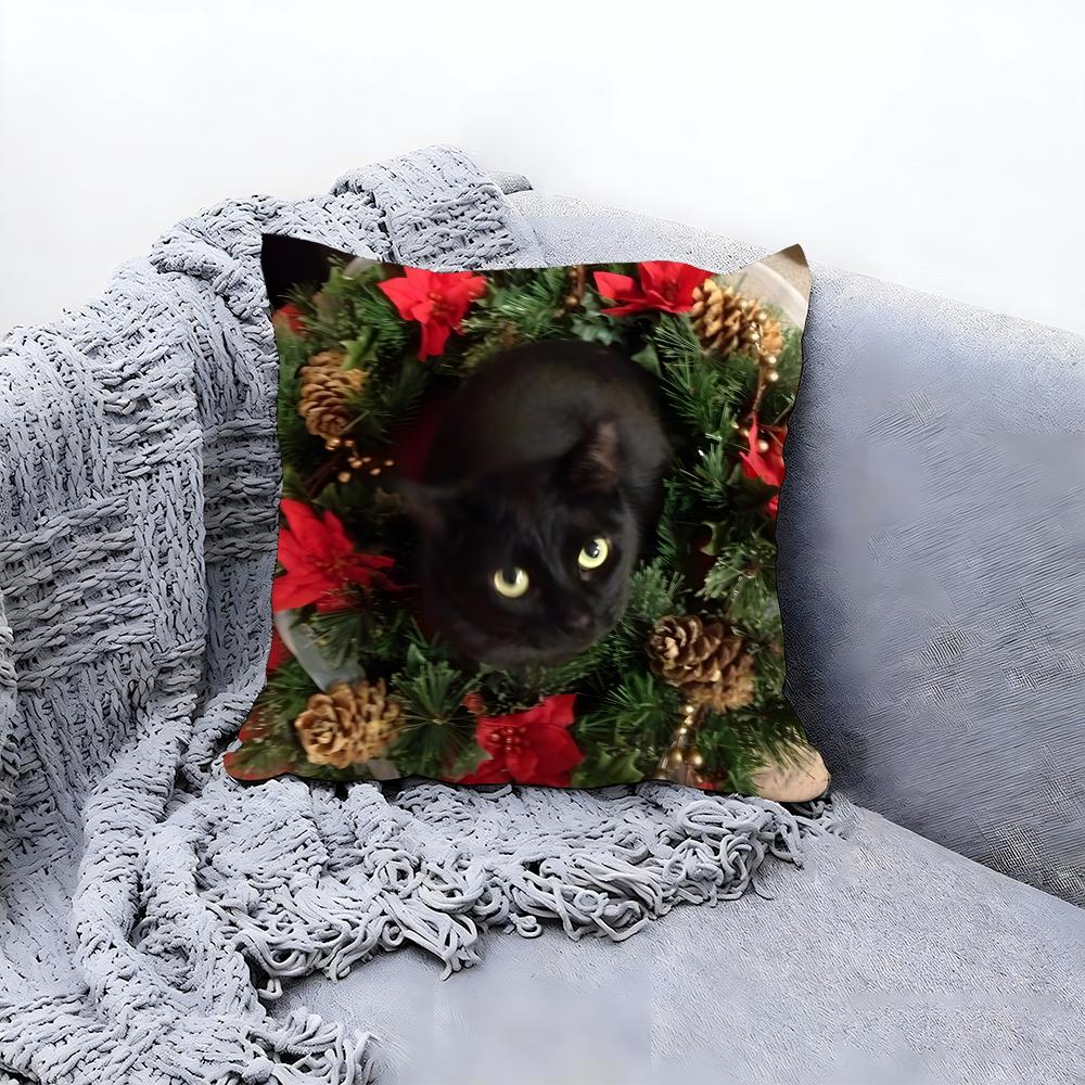 Christmas Black Cat Cushion Cover Premium Comfort Reversible Pillow Cove -Two in One Design for Any Room & Car Interior