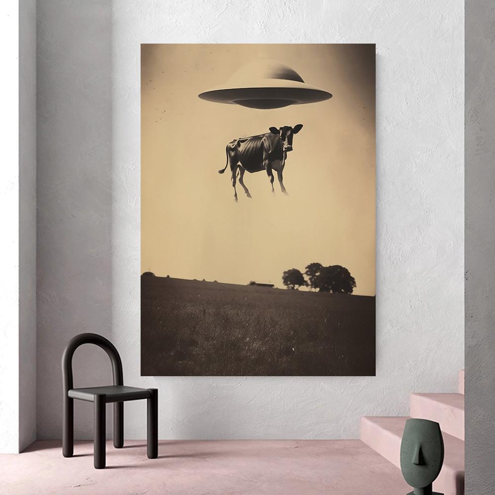 Czarna Noc UFO Plakat Malarstwo na Płótnie Druki Obcy Latający Spodek Aresztuje Ludzi Dziwna Ściana Dekoracja Domu Cuadros