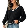 Women's V-Neck Cable Knit Sweater Loose Fit Color Block Long Sleeve Pullover Top