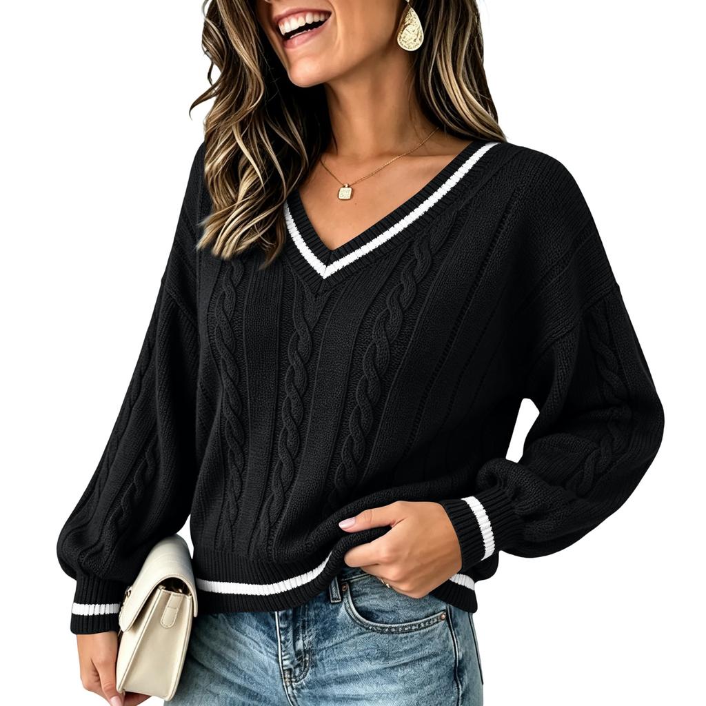 Women's V-Neck Cable Knit Sweater Loose Fit Color Block Long Sleeve Pullover Top