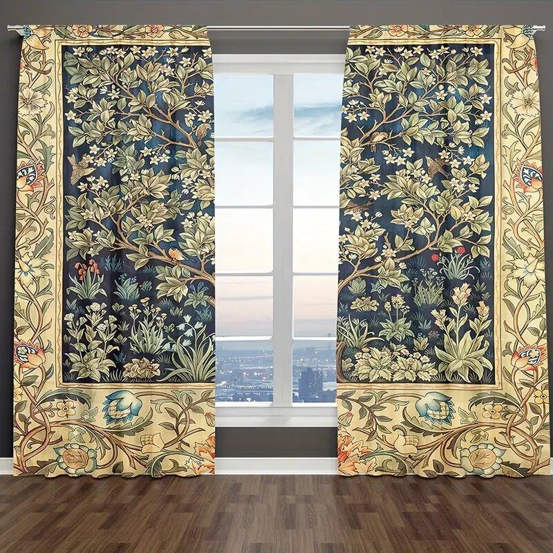 2 pieces - Flower-and-bird pattern printed curtains on trees, window decorations, home decorations, room decorations