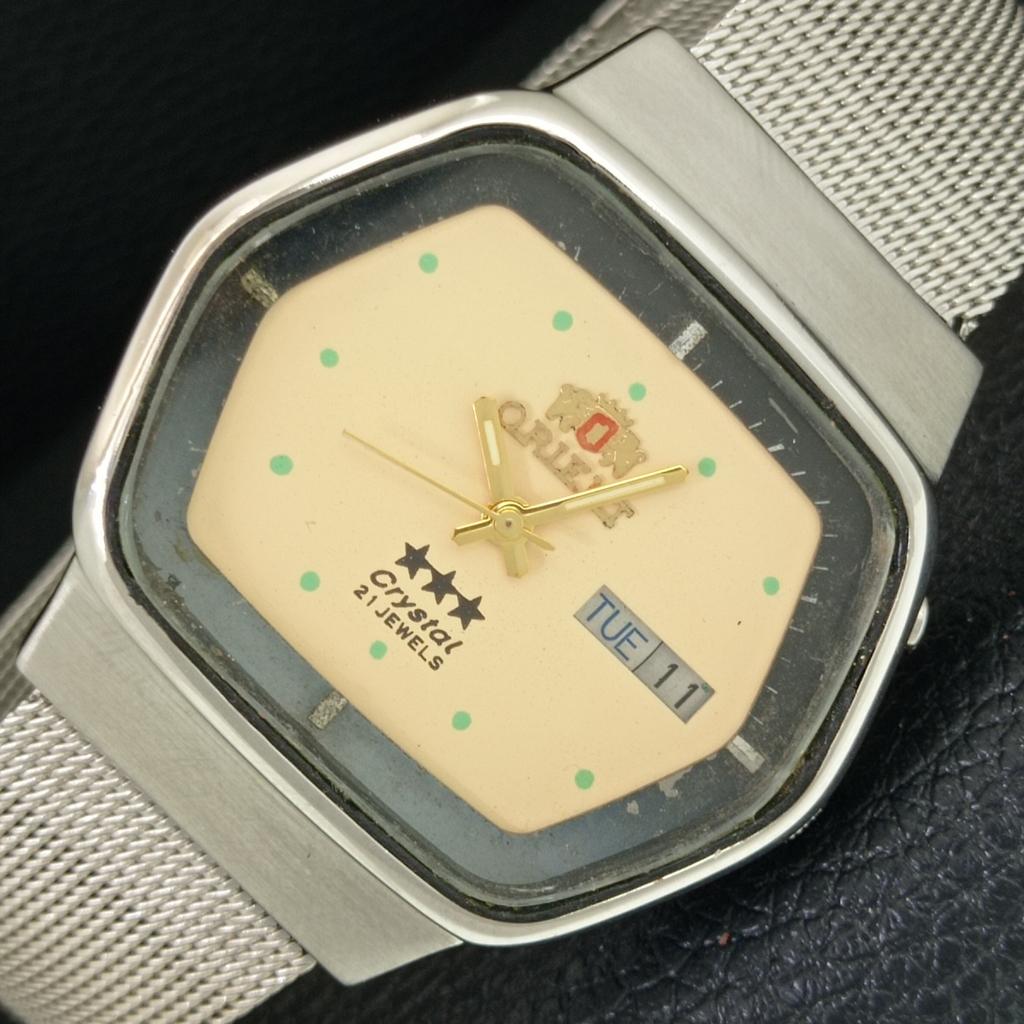 VINTAGE ORIENT CRYSTAL AUTOMATIC 46941 JAPAN MENS BEIGE DIAL WATCH a704828-1