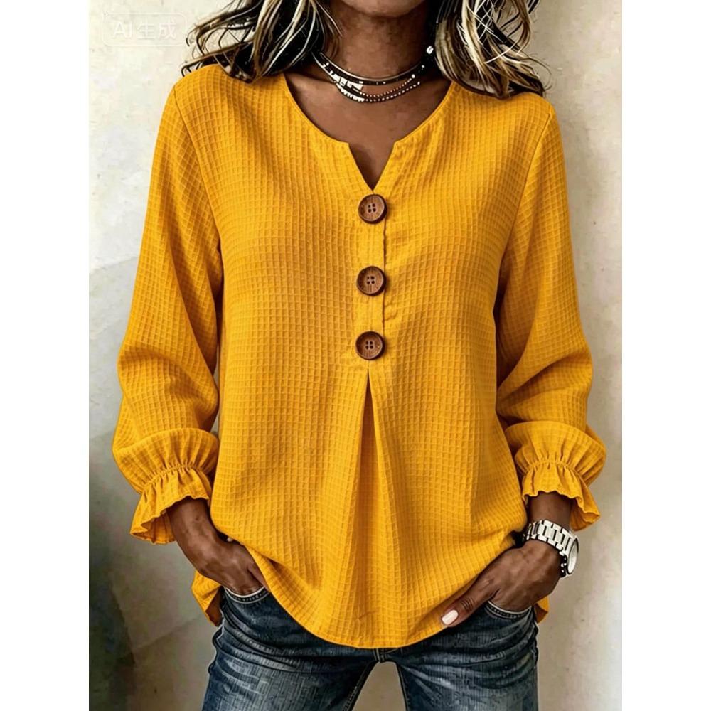 Herbst Winter Neu Waffelstrick Langarm Rüschenärmel V-Ausschnitt Knopf Locker Lässiges T-Shirt Damen Oberteil S gelb