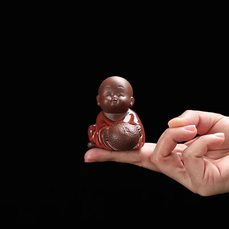 Creative Purple Clay Tea Pet Ornament Lovely Small Buddha Monk Figurine Handmade Sculpture Tea Set Decor Garden Bonsai Art
