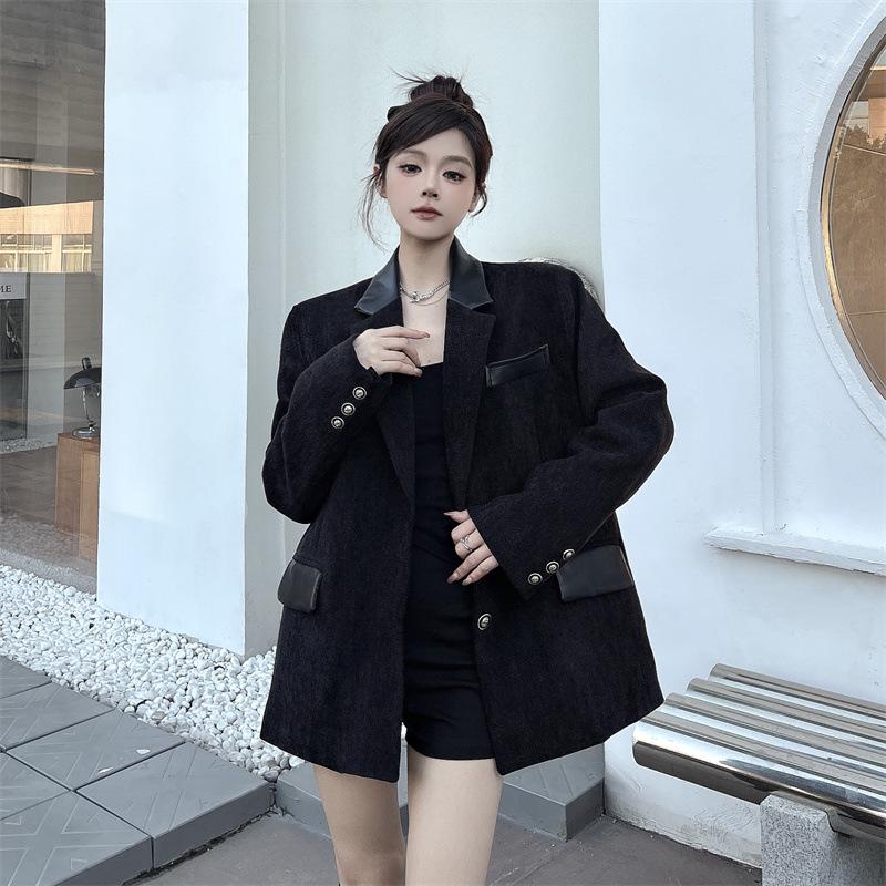 

2025 Winter Women s High-End Patchwork Leather Cotton-Padded Suit Jacket S