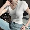Front shoulder V-neck short-sleeved T-shirt women's summer new Korean pure desire bottoming slim and thin women's black top