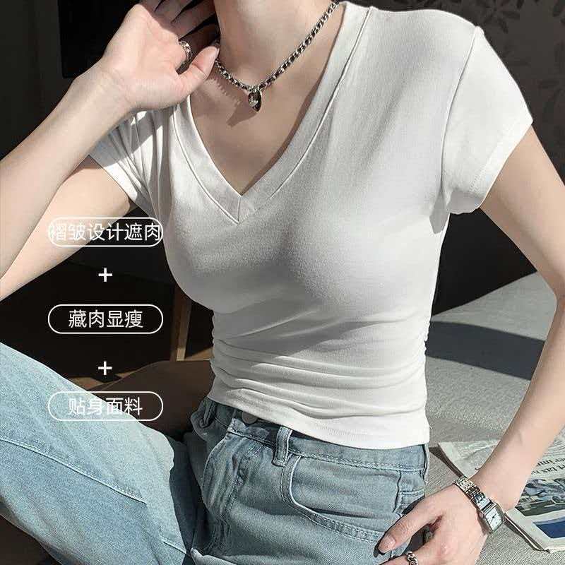 Front shoulder V-neck short-sleeved T-shirt women's summer new Korean pure desire bottoming slim and thin women's black top