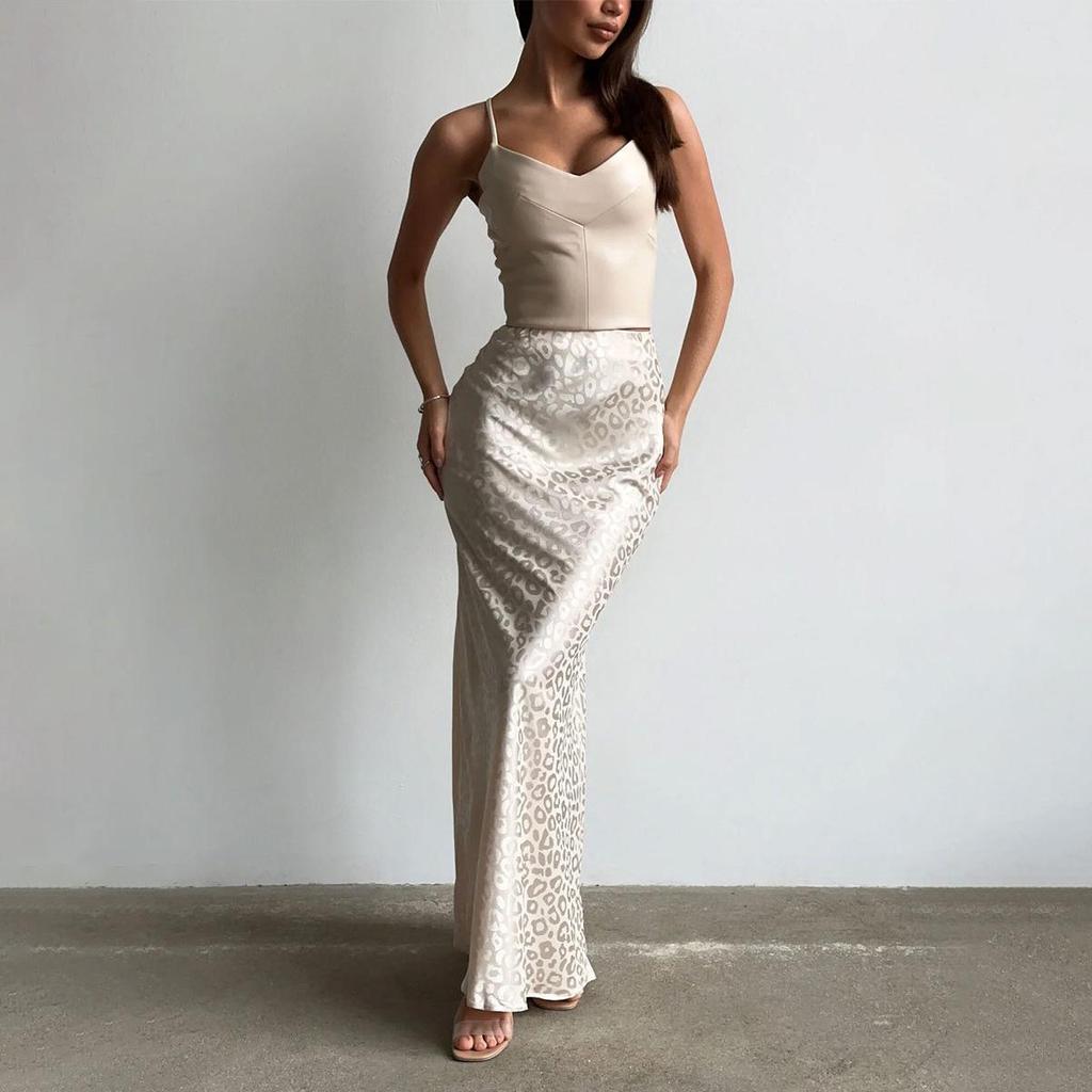 Women Long Leopard Print Ankel-Length Skirts High Waist