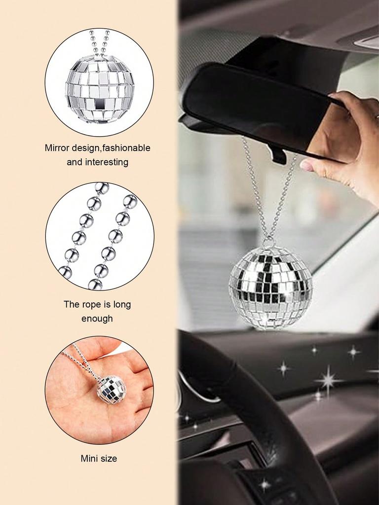 Zrcadlová koule na auto, Lesklá reflexní zrcadlová koule, Kovový řetízek, Třpytivá závěsná dekorace do interiéru auta, 360° odraz světla