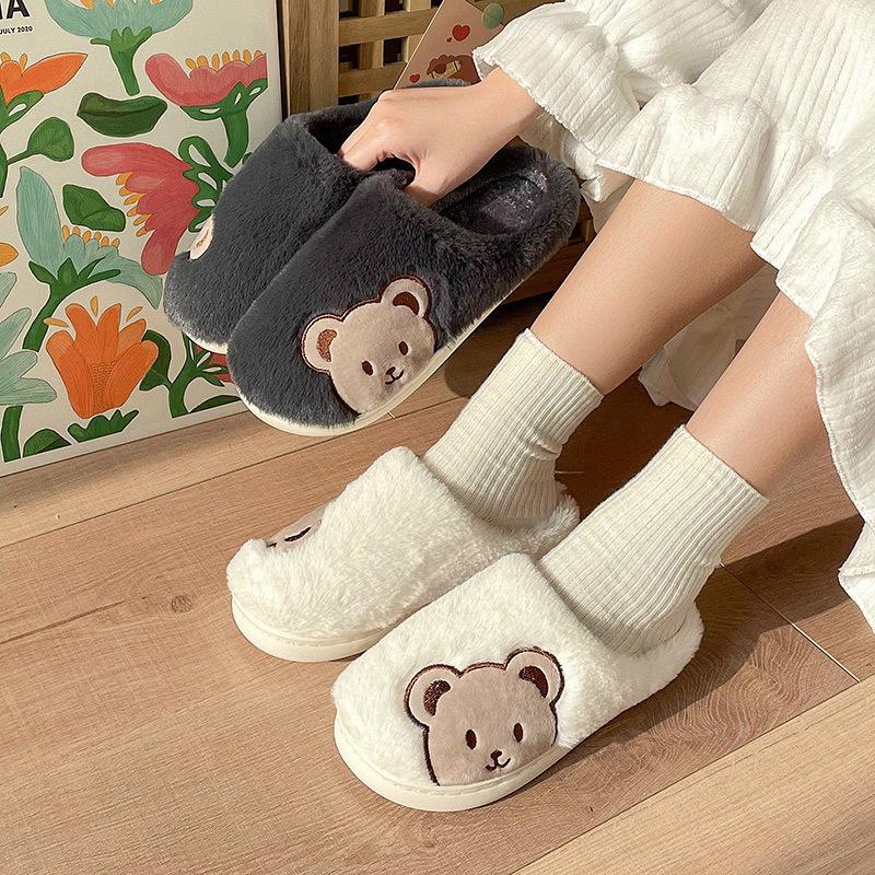 Crestar Fashion Cotton Slippers For Women Winter Warm Cozy Home  Slippers Ladies Indoor Non-slip Plush Shoes Cute Bear Slippers