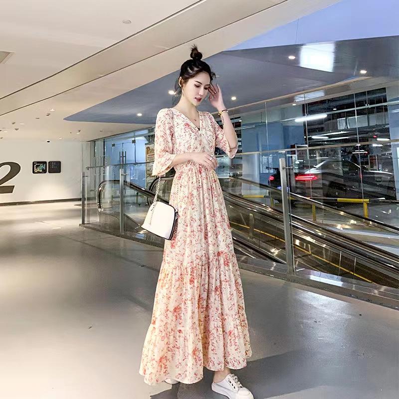 Women's V Neck Five Flutter Sleeve Ditsy Floral Print Chiffon Maxi Dress High Waist A Line Elegant Summer Long Dress