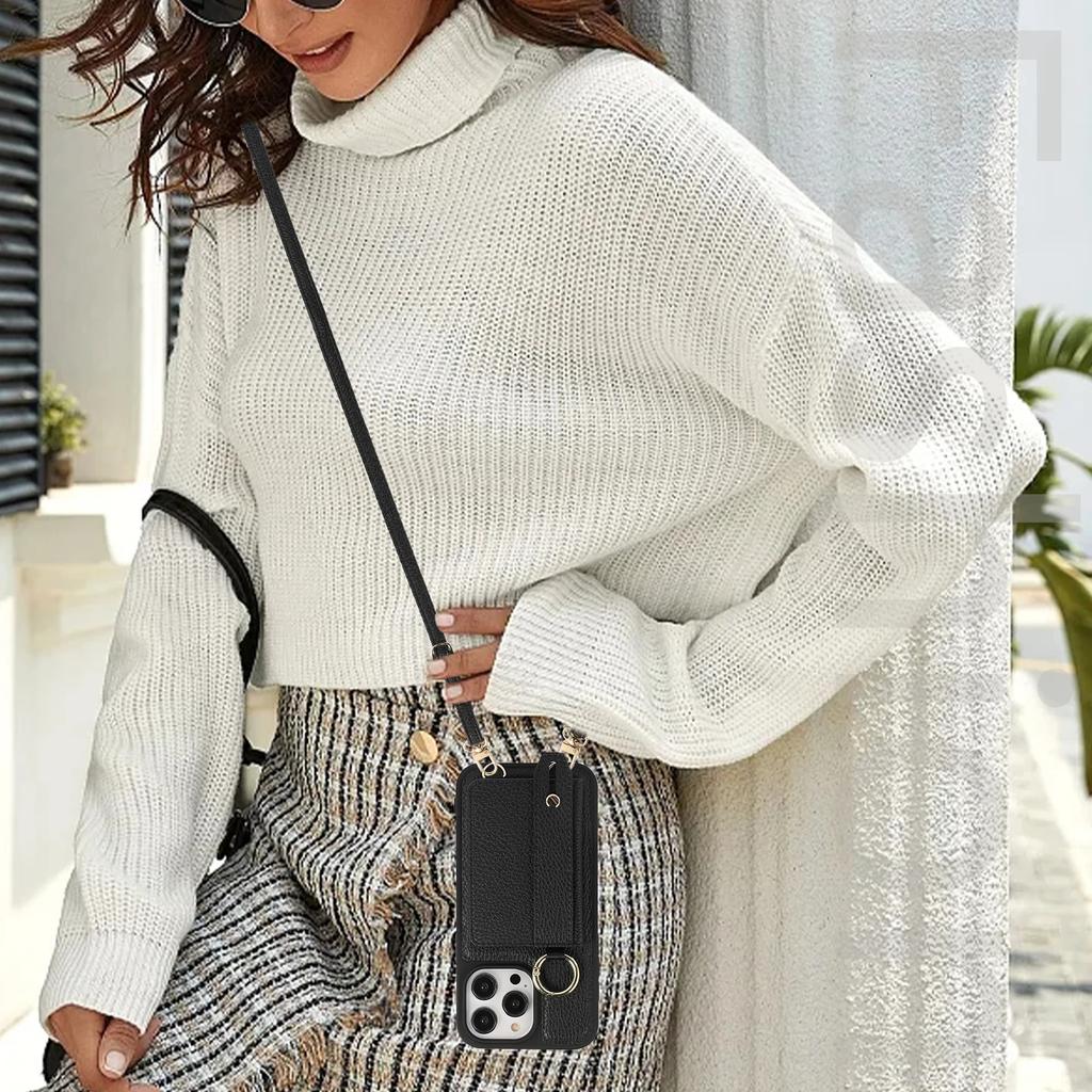 Crossbody Lanyard Phone Case for IPhone 15 14 Plus 13 12 11 Pro Max Card Holder Wallet Leather Cover with Wrist Shoulder Strap