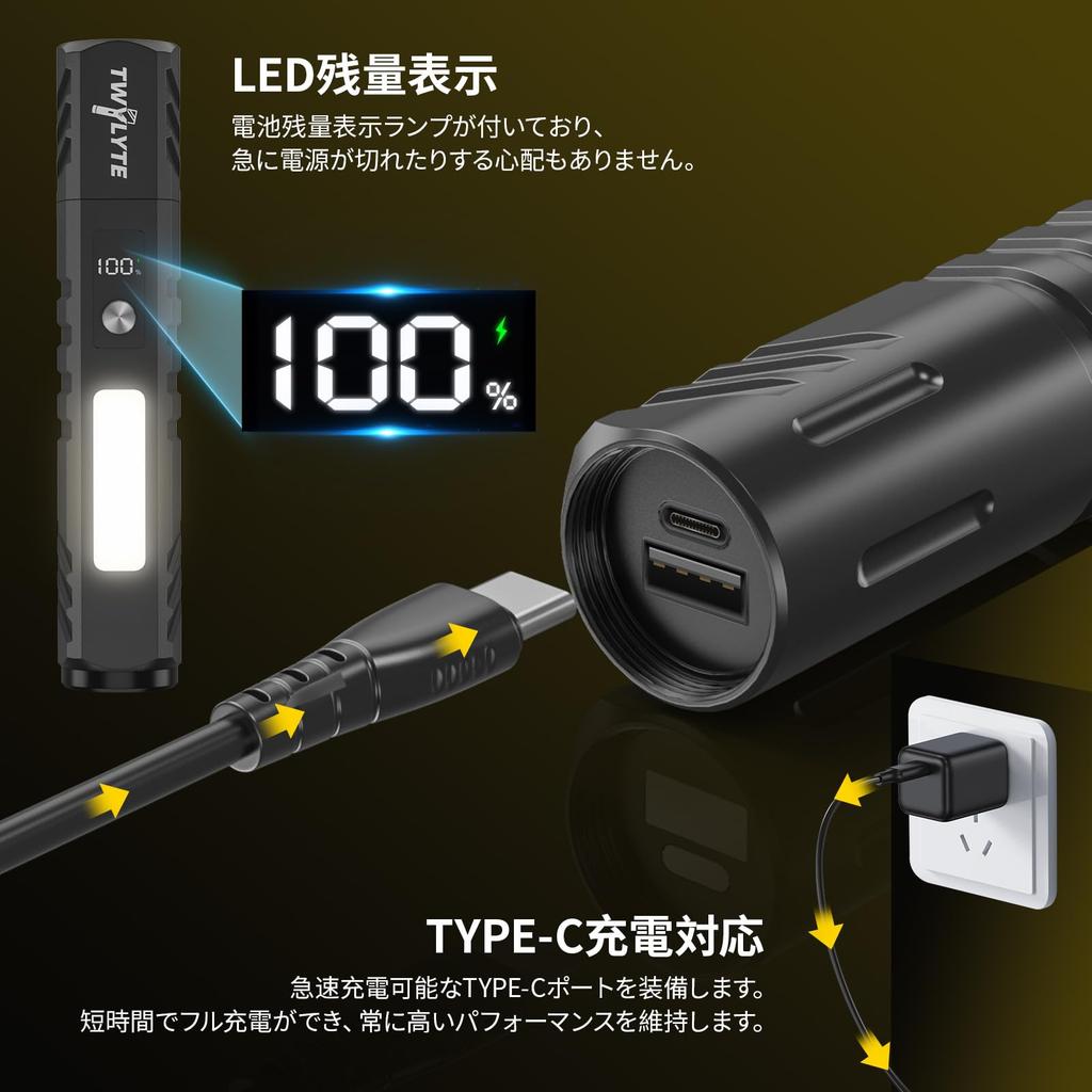 Twylyte Compact Handheld Flashlight with 7 Lighting High Red White COB 3000LM Aluminum Alloy 4800mAh Large Battery Level Emergency Preparedness for